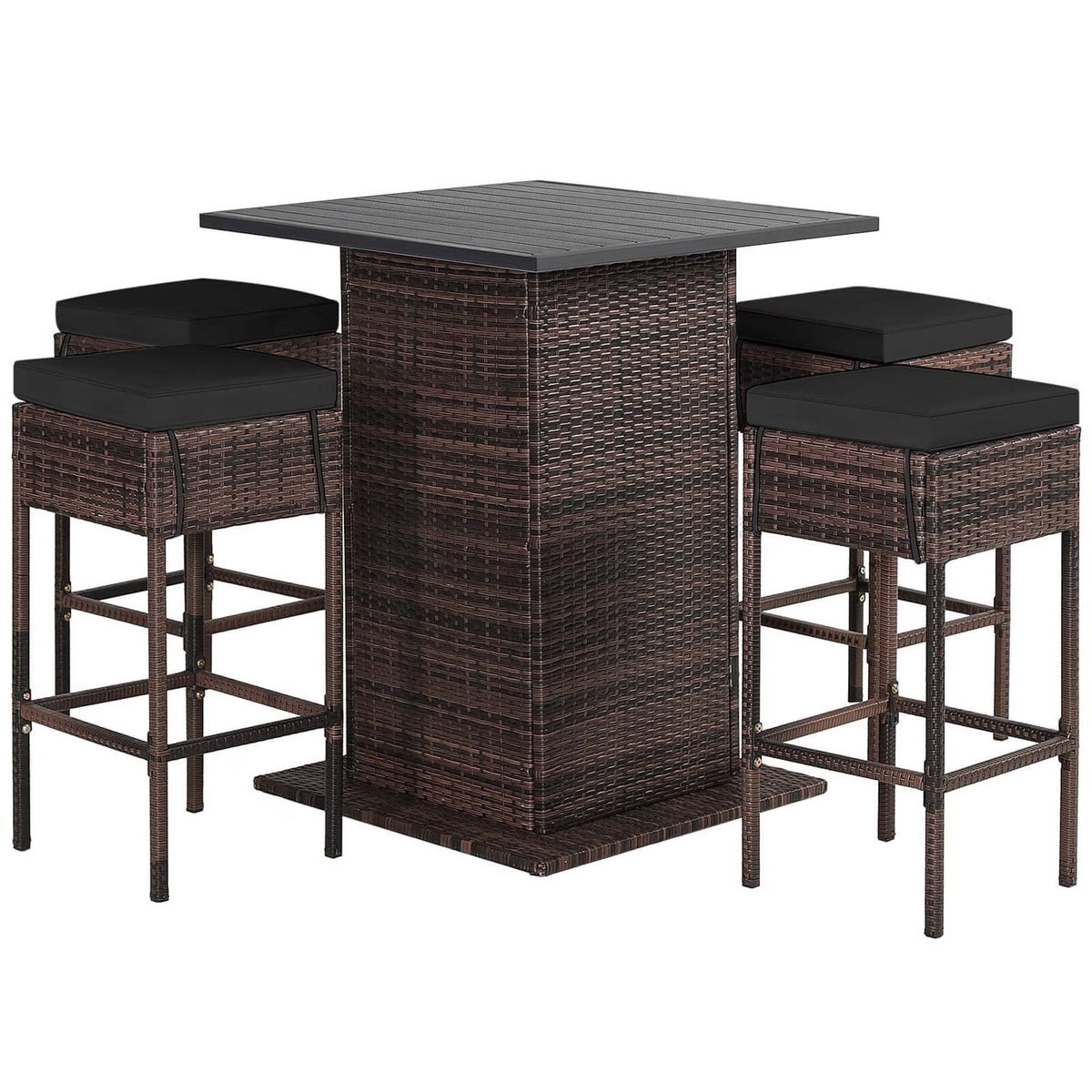 5PCS Patio Rattan Bar Table Stool Set Hidden Storage Shelf Cushion Black