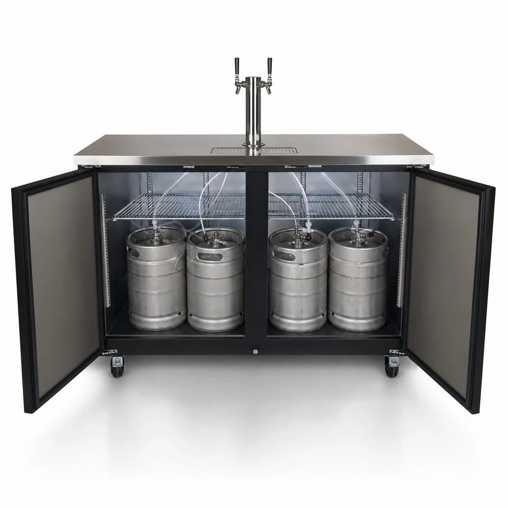 BK Resources DBC-12-60 Two-Door Kegerator Beer Dispenser, 2-Keg Capacity, 2 Double-Head Taps, Electronic Controls, Black Vinyl