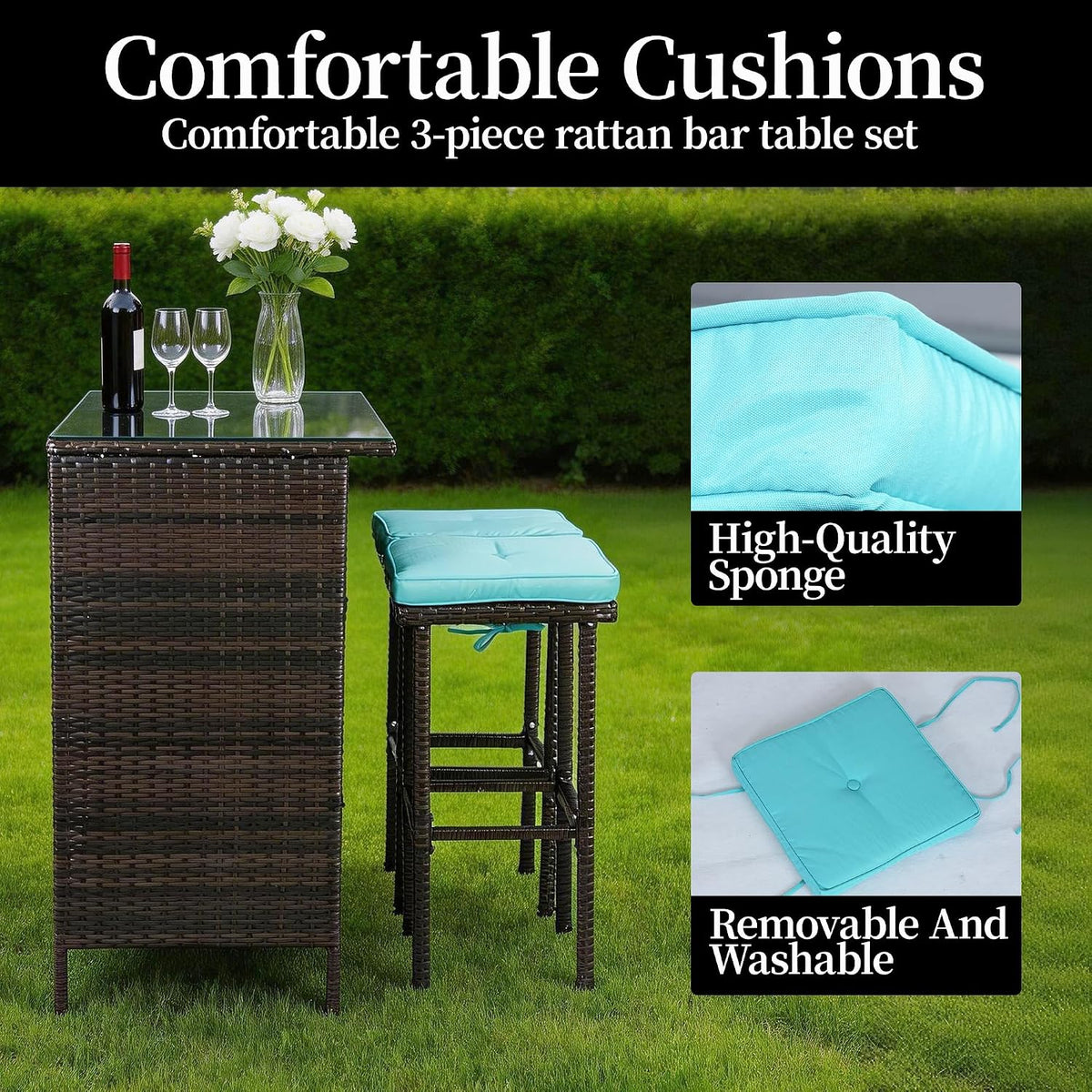 3 Piece Patio Bar Set,Patio Wicker Bar Furniture with 2 Storage Shelves, Glass Top Table, Cushions and Two Stools,Outside Bars for Patio Entertainment, Blue