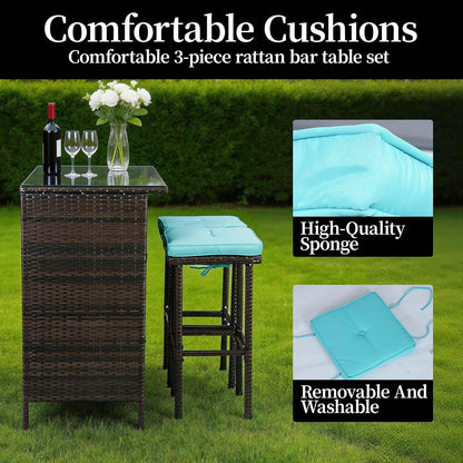 3 Piece Patio Bar Set,Patio Wicker Bar Furniture with 2 Storage Shelves, Glass Top Table, Cushions and Two Stools,Outside Bars for Patio Entertainment, Blue