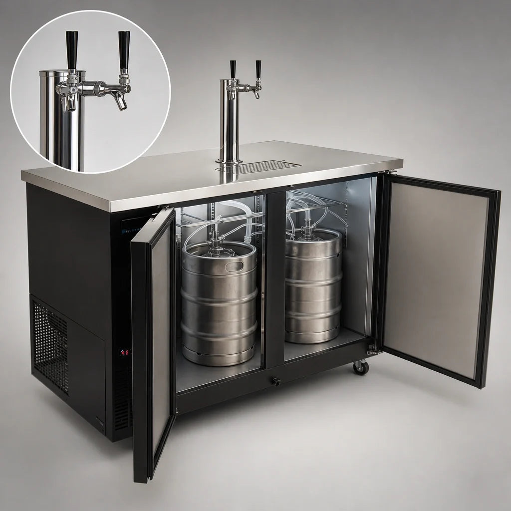 BK Resources DBC-12-60 Two-Door Kegerator Beer Dispenser, 2-Keg Capacity, 2 Double-Head Taps, Electronic Controls, Black Vinyl