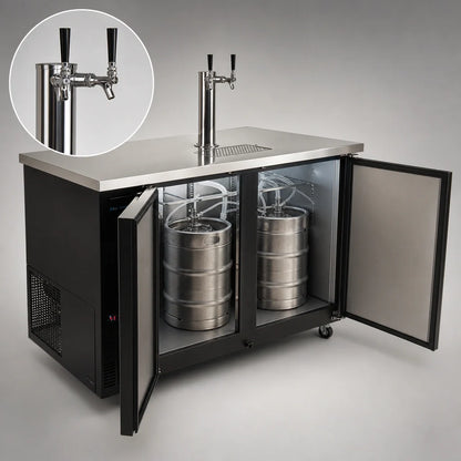 BK Resources DBC-12-60 Two-Door Kegerator Beer Dispenser, 2-Keg Capacity, 2 Double-Head Taps, Electronic Controls, Black Vinyl