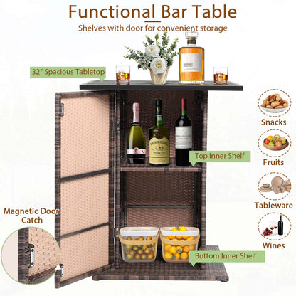 5PCS Patio Rattan Bar Table Stool Set Hidden Storage Shelf Cushion Black