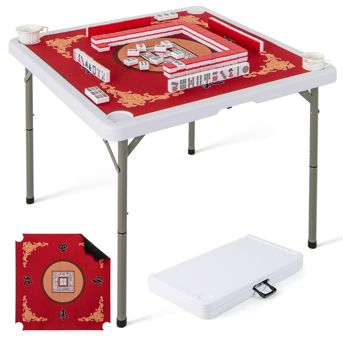 35 Inch 4 Player Game Card Folding Mahjong Table with Cup Holders-Red