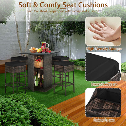 5PCS Patio Rattan Bar Table Stool Set Hidden Storage Shelf Cushion Black