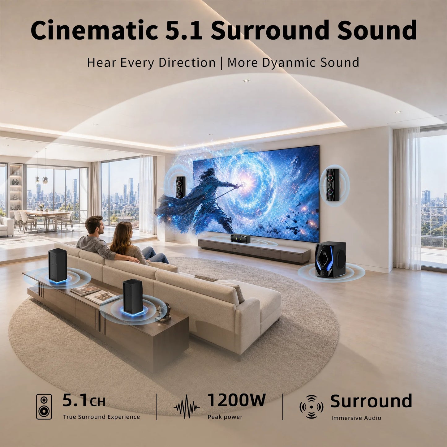 5.1 Bluetooth Home Theater Systems Surround Sound Speakers 1200 Watts 10 Inch Subwoofer 5.1/2.1 Channel Audio Stereo System with ARC Optical & USB Input for TV Ultra HD AV DVD FM Radio