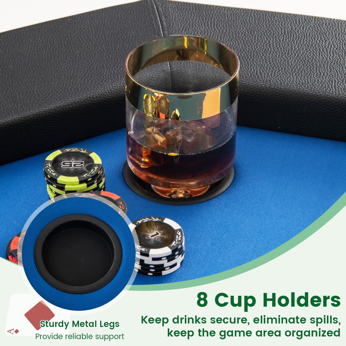 48 Inches Foldable Poker Table with Padded Rails and Cup Holders