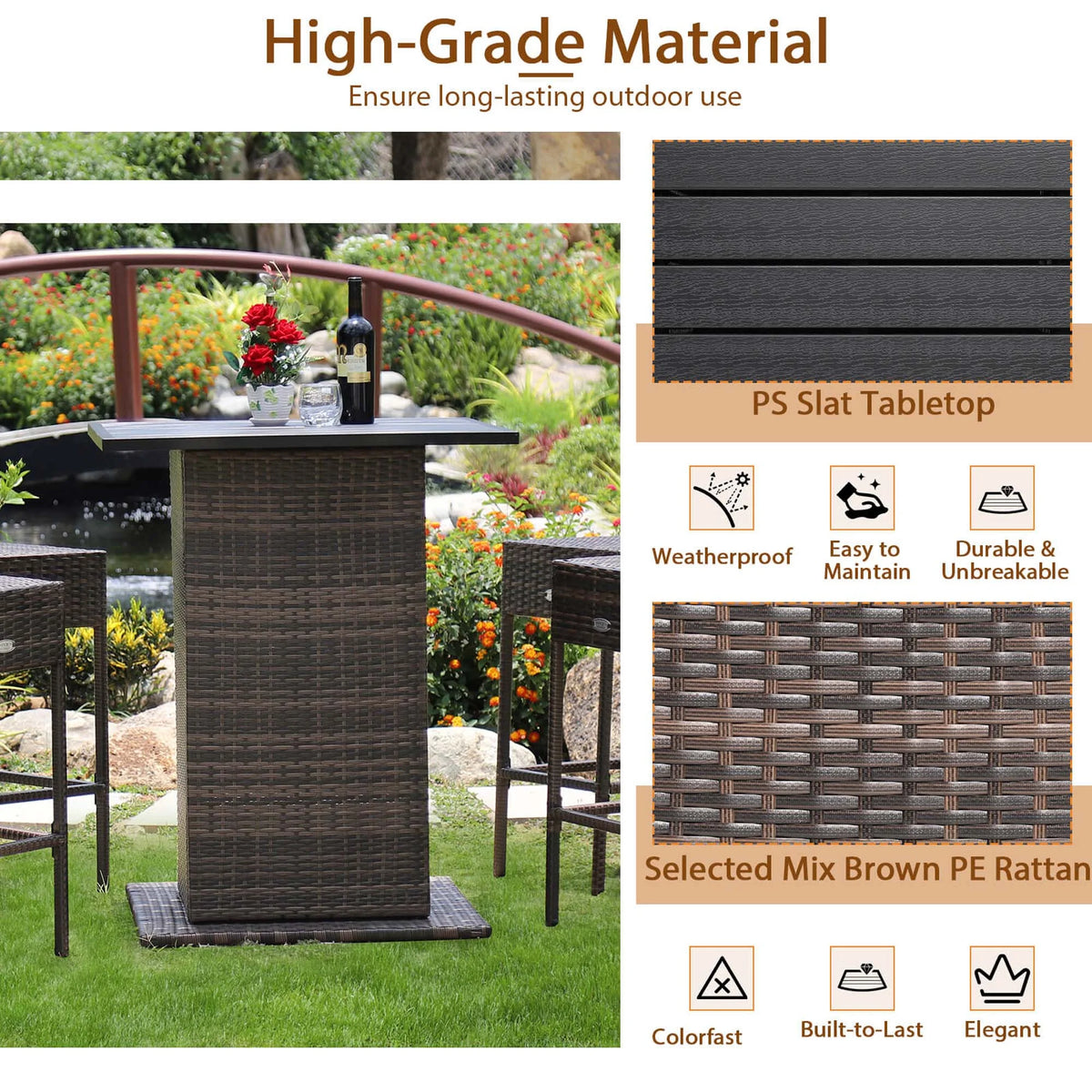 5PCS Patio Rattan Bar Table Stool Set Hidden Storage Shelf Cushion Black