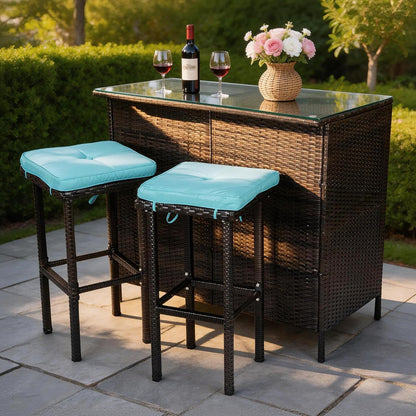 3 Piece Patio Bar Set,Patio Wicker Bar Furniture with 2 Storage Shelves, Glass Top Table, Cushions and Two Stools,Outside Bars for Patio Entertainment, Blue