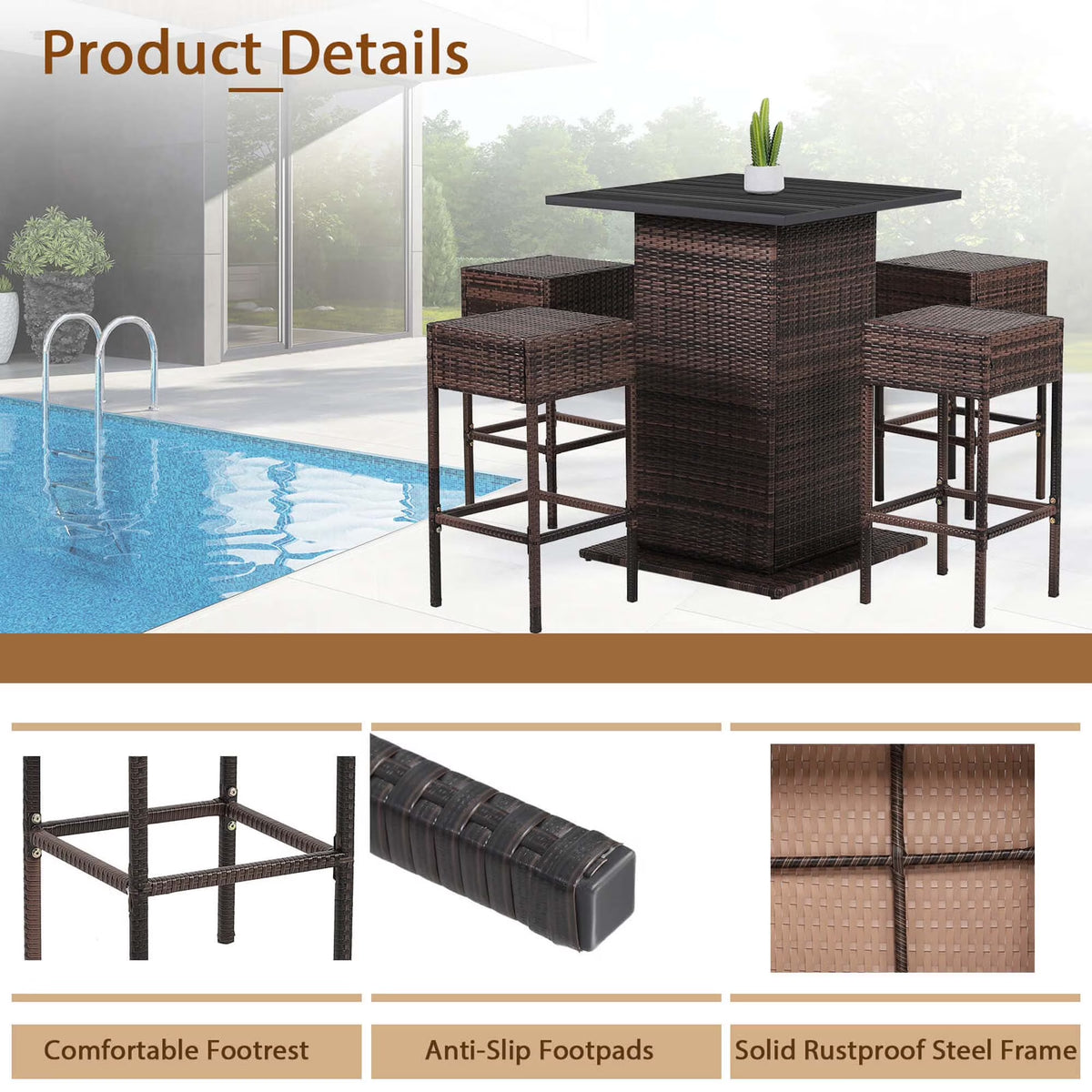 5PCS Patio Rattan Bar Table Stool Set Hidden Storage Shelf Cushion Black