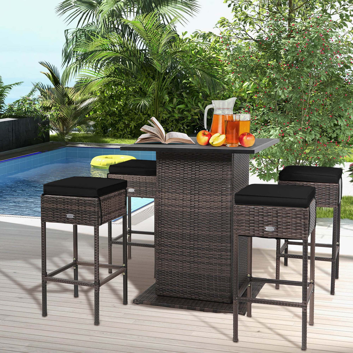 5PCS Patio Rattan Bar Table Stool Set Hidden Storage Shelf Cushion Black