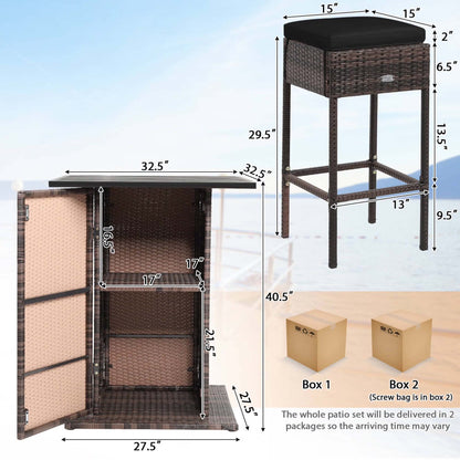 5PCS Patio Rattan Bar Table Stool Set Hidden Storage Shelf Cushion Black