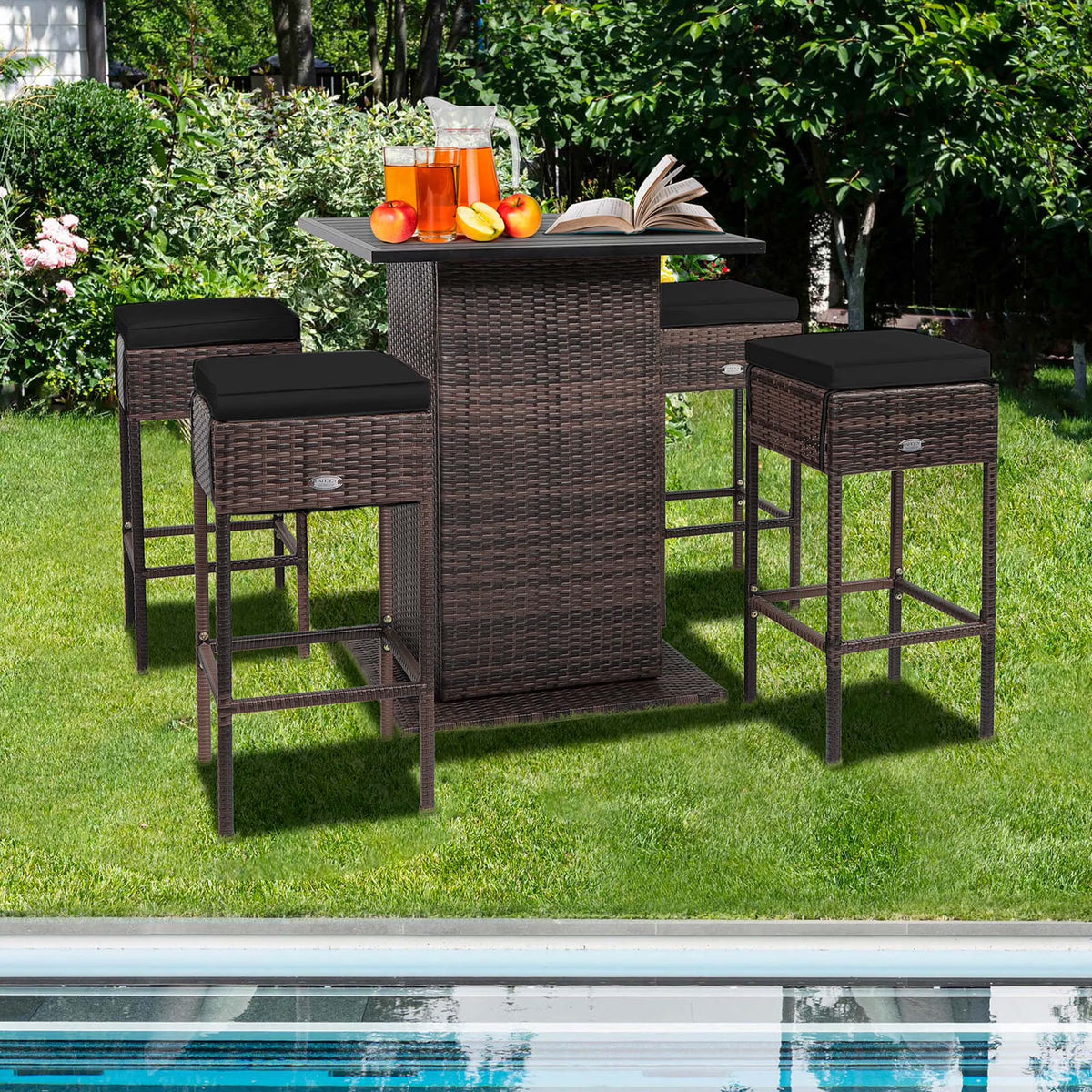 5PCS Patio Rattan Bar Table Stool Set Hidden Storage Shelf Cushion Black