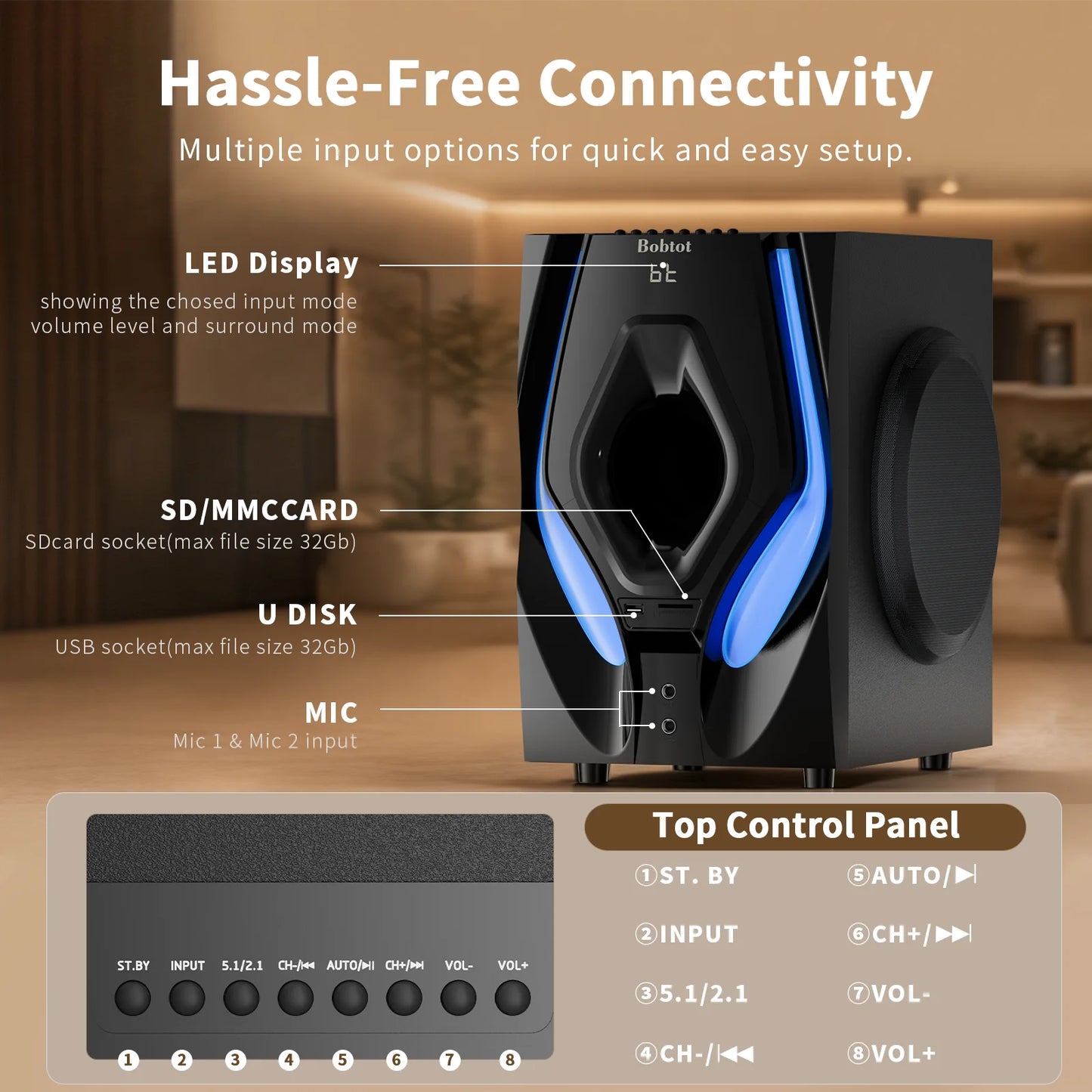5.1 Bluetooth Home Theater Systems Surround Sound Speakers 1200 Watts 10 Inch Subwoofer 5.1/2.1 Channel Audio Stereo System with ARC Optical & USB Input for TV Ultra HD AV DVD FM Radio