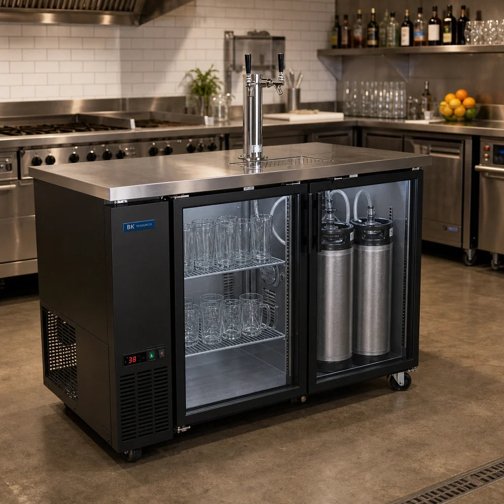 BK Resources DBC-12-60 Two-Door Kegerator Beer Dispenser, 2-Keg Capacity, 2 Double-Head Taps, Electronic Controls, Black Vinyl