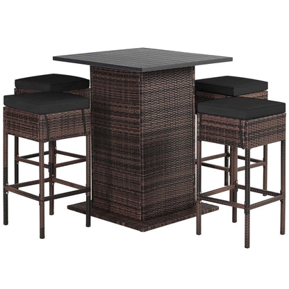 5PCS Patio Rattan Bar Table Stool Set Hidden Storage Shelf Cushion Black