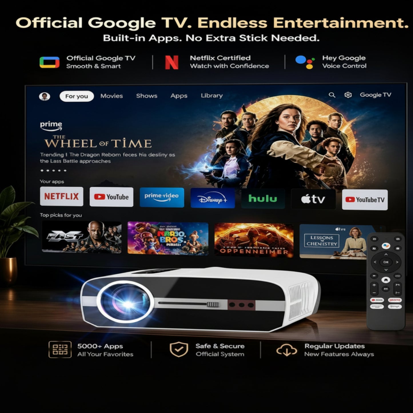 Ultra HD 4K TV Projector Daytime Home Cinema,Google TV, 2200 ANSI, Wireless