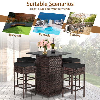 5PCS Patio Rattan Bar Table Stool Set Hidden Storage Shelf Cushion Black