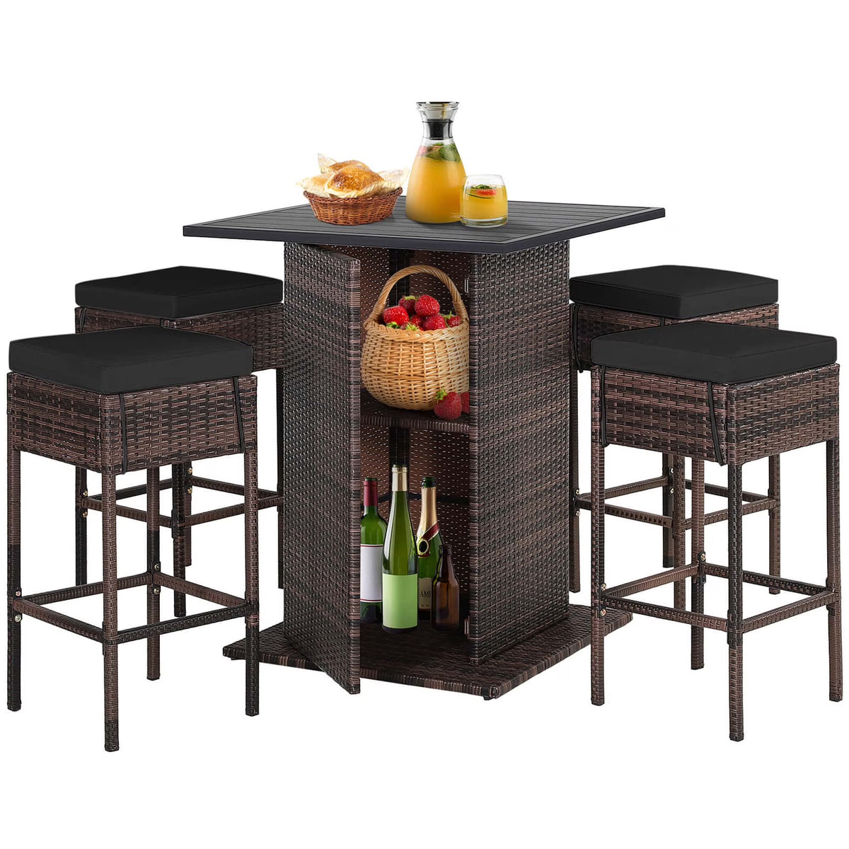 5PCS Patio Rattan Bar Table Stool Set Hidden Storage Shelf Cushion Black
