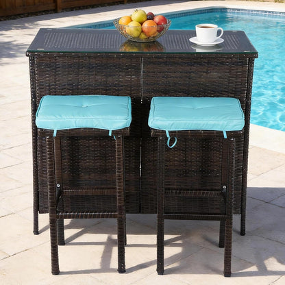 3 Piece Patio Bar Set,Patio Wicker Bar Furniture with 2 Storage Shelves, Glass Top Table, Cushions and Two Stools,Outside Bars for Patio Entertainment, Blue