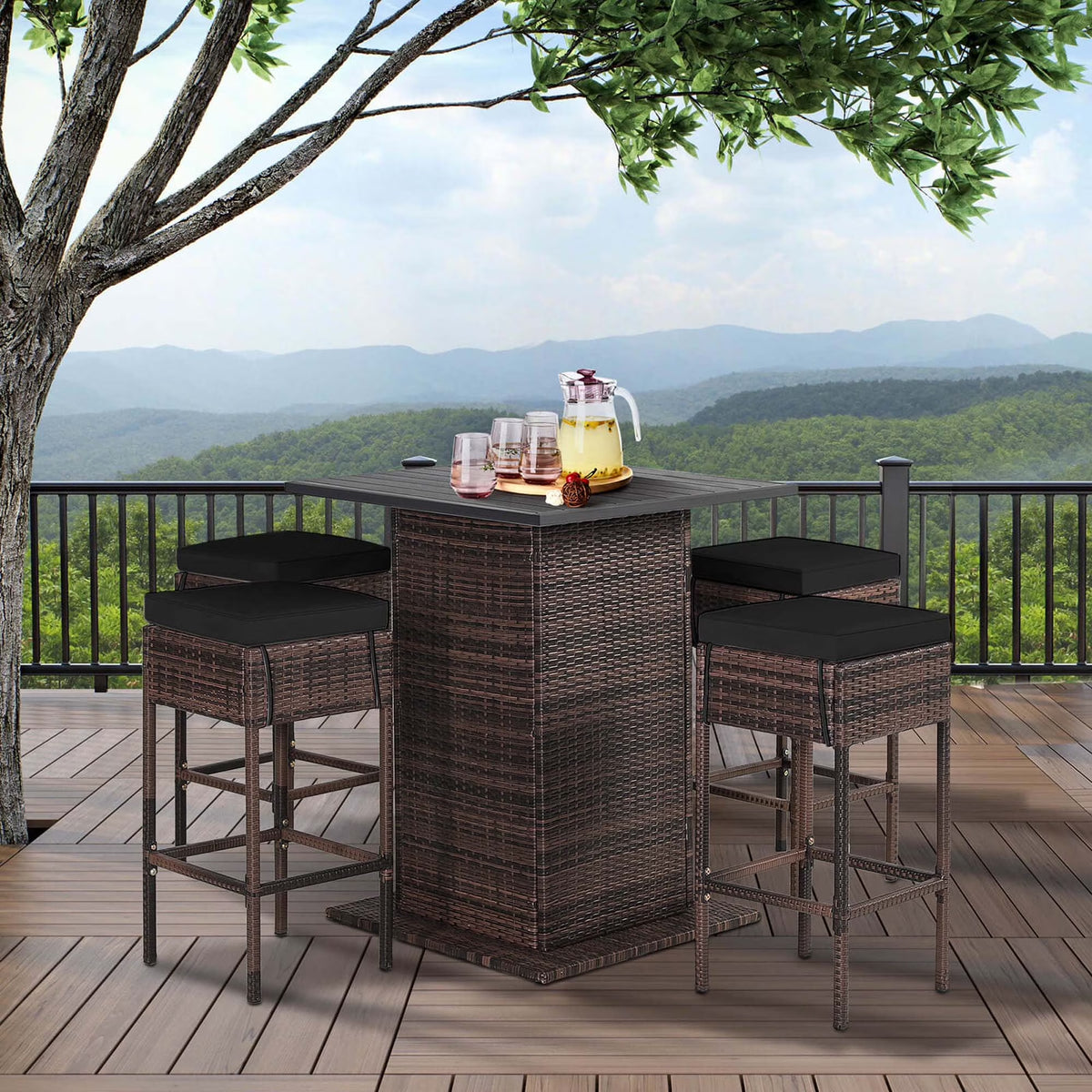 5PCS Patio Rattan Bar Table Stool Set Hidden Storage Shelf Cushion Black
