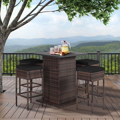 5PCS Patio Rattan Bar Table Stool Set Hidden Storage Shelf Cushion Black