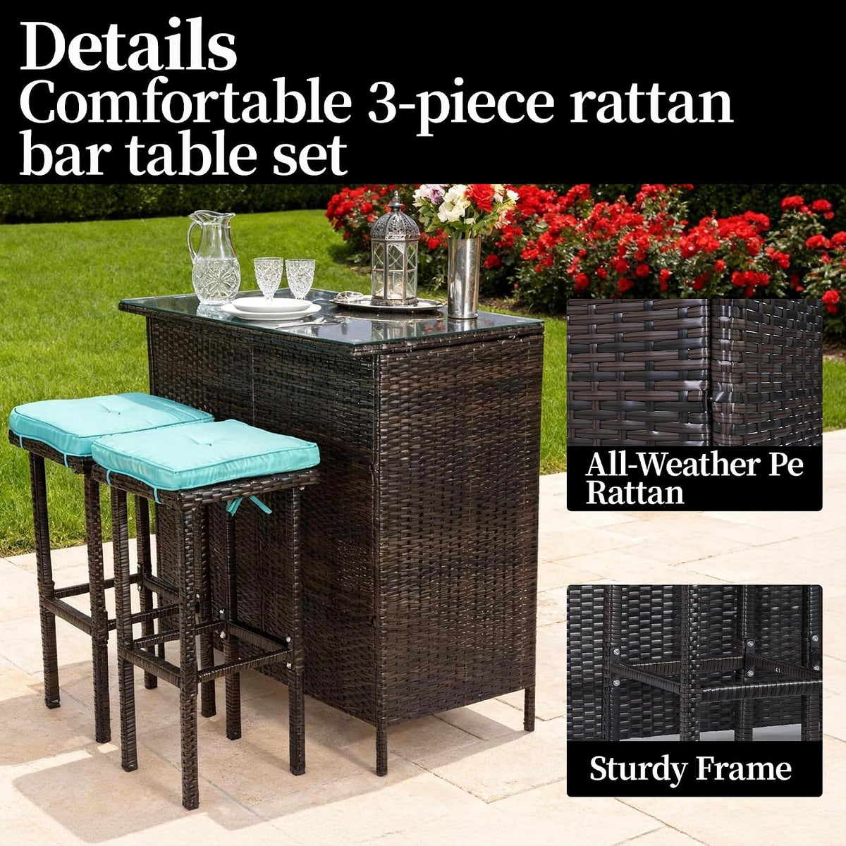 3 Piece Patio Bar Set,Patio Wicker Bar Furniture with 2 Storage Shelves, Glass Top Table, Cushions and Two Stools,Outside Bars for Patio Entertainment, Blue
