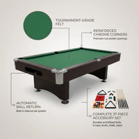Pool Table Designed for Game Rooms, 8-Foot Full Size, Automatic Ball Return, Complete Accessory Set — infographic